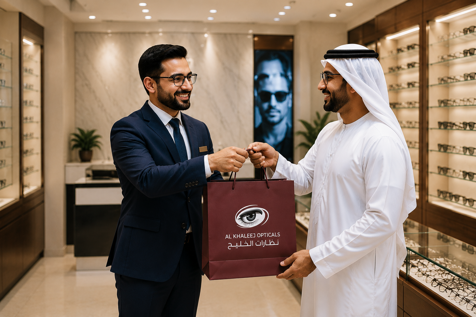 Business professionals wearing premium eyewear in a corporate environment